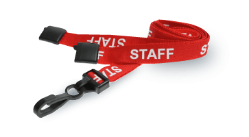 Red Pre-Printed staff lanyard with plastic J-clip and safety breakaway