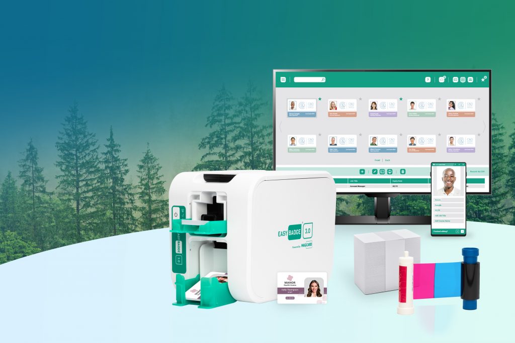 EasyBadge bundle printer, cards and ribbon with eco-forest background