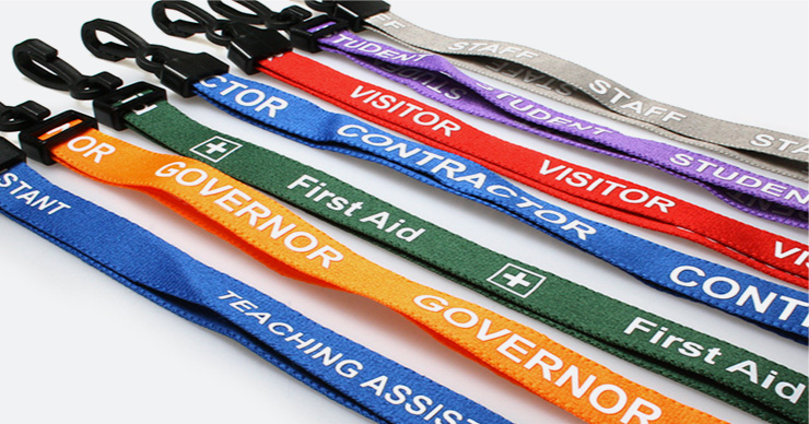 7 pre-printed lanyards in various colours complete with plastic j-clip