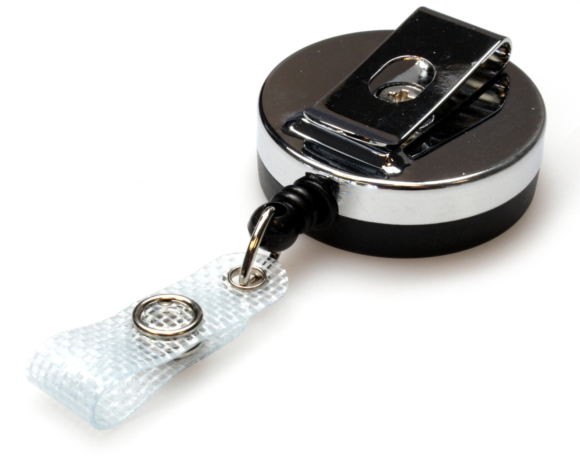 Heavy Duty 41mm Diameter Badge Reel with Black Plastic Front & Chrome Back, Belt Clip, 80cm Nylon Cord and Re-inforced Strap Cli